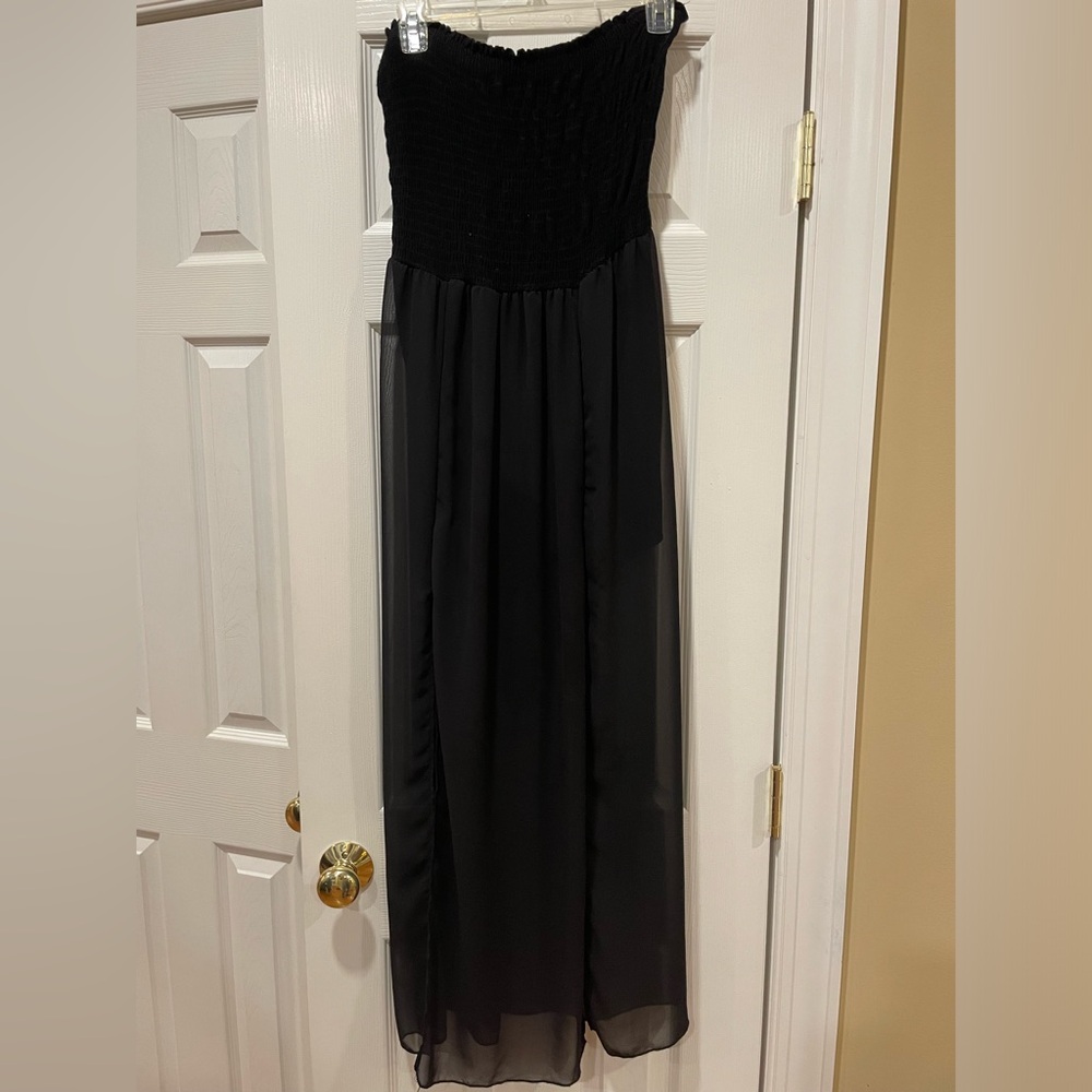 Malloy Black Smocked Strapless Maxi Dress w/Sheer Bottom